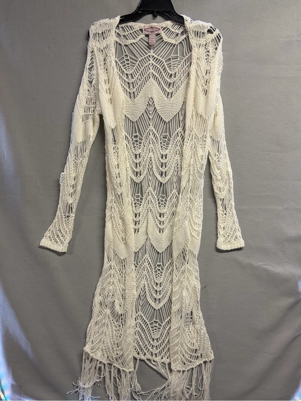 Oliver by Escio Beach Off-White Open Knit Crochet Fringe Duster Cover-Up Large